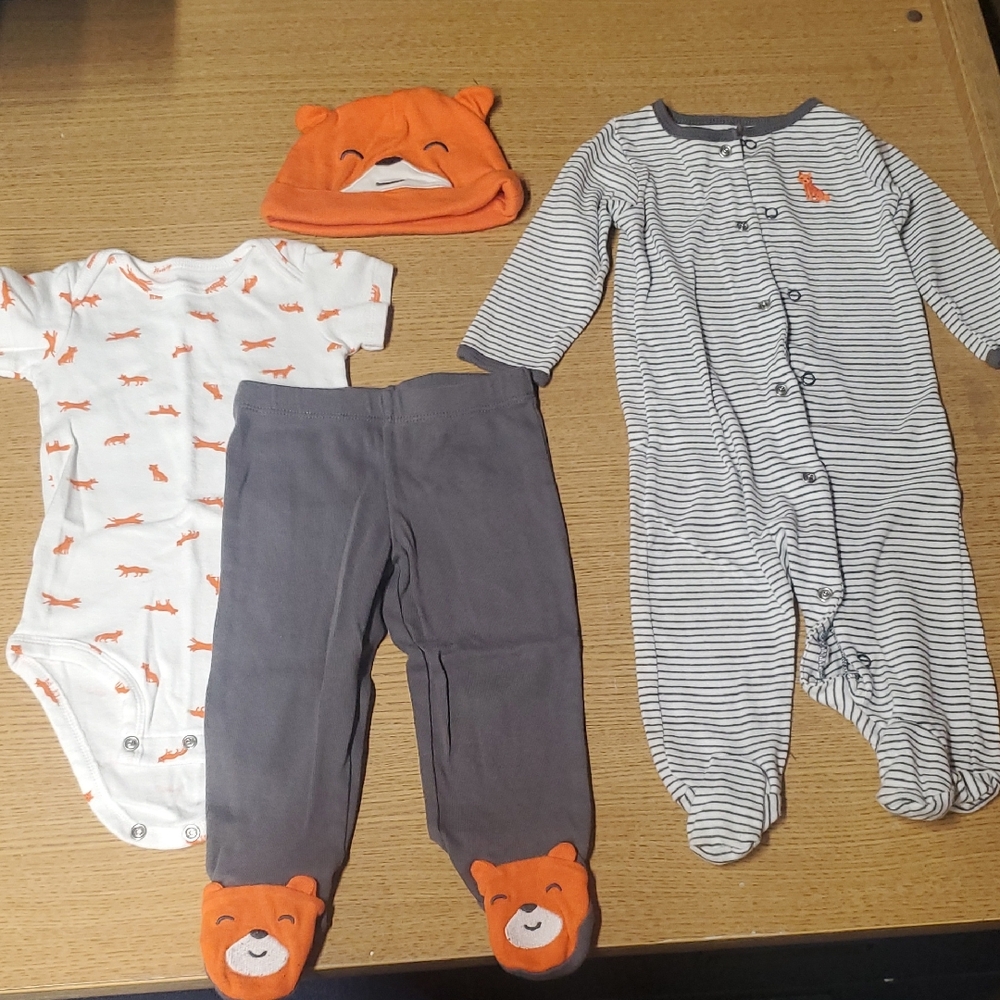 Carter's Orange, Gray And White Fox Baby Four Piece Set